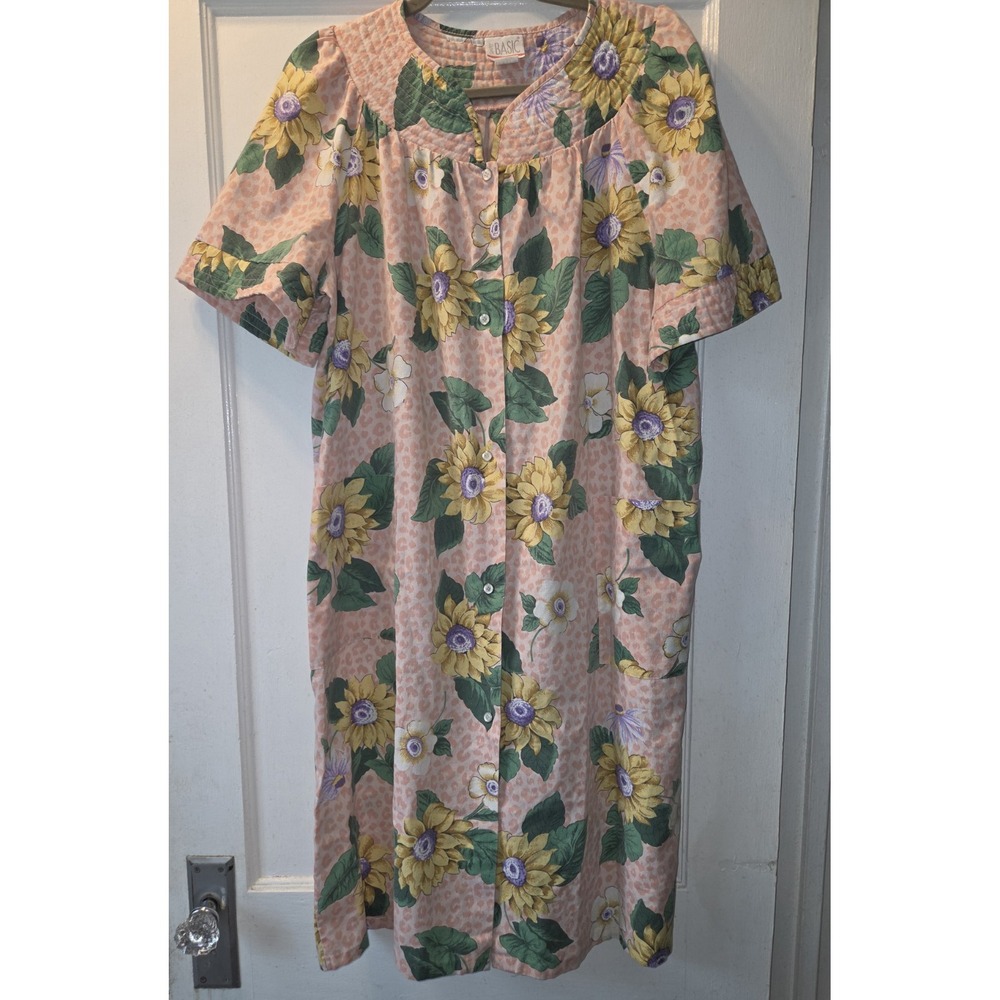 Vtg Simply Basic House Coat Dress Women  Snap Button Spring Flower Muu Muu L